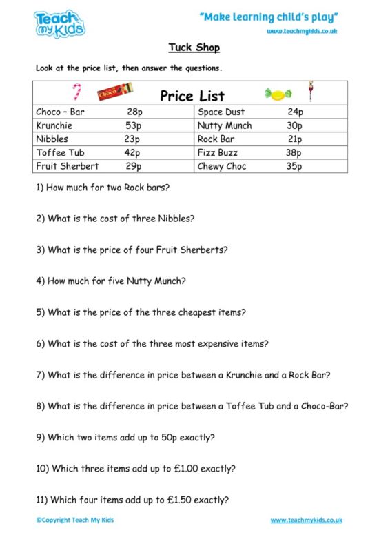 Worksheets for kids - tuck-shop